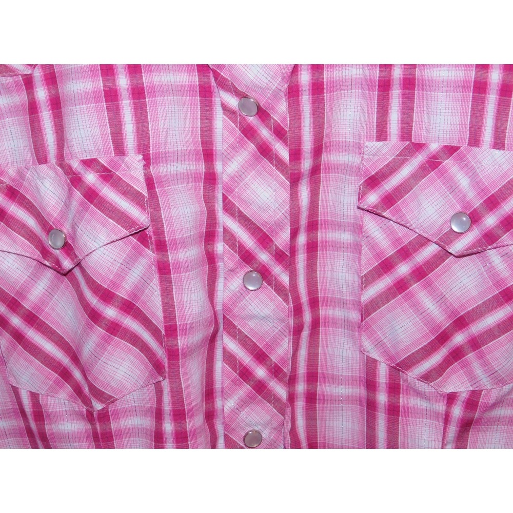 Cowgirl Legend Western Shirt Womens Medium XL Pink Plaid Short Sleeve Pearl Snap - Picture 2 of 3